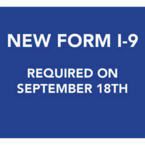 Blue square with words New Form I-9 Required on September 18th