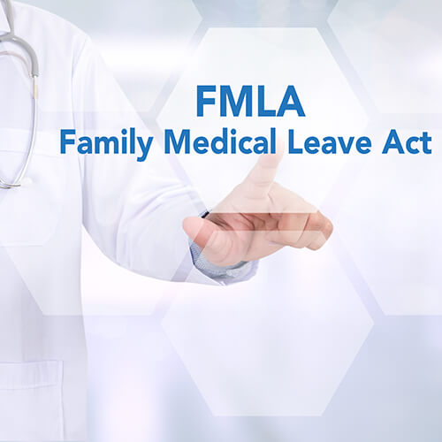 FMLA Family Medical Leave Act title with doctor in background