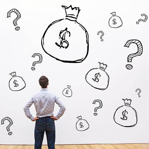 Man looking at white wall with money and question mark symbols