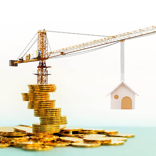 Stacking gold coins with increase and tower crane and hoist