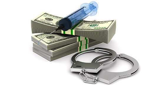 health care fraud, money and syringe and handcuffs on white background. Isolated 3D illustration