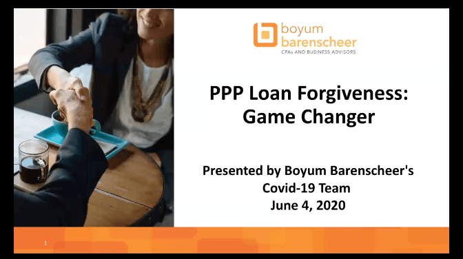 Title slide for COVID-19 webinar on PPP Loan Forgiveness